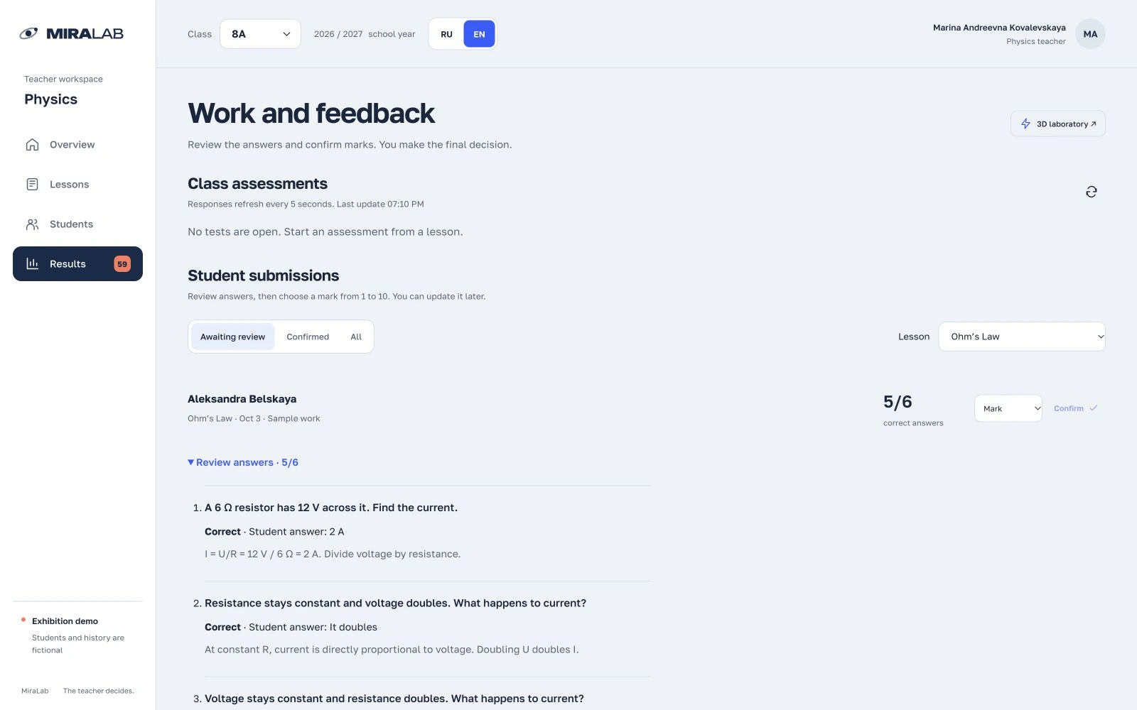 Assessment results in MiraLab